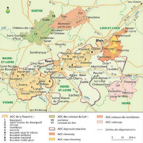 carte AOC  Touraine , Tourain Amboise et Montlouis sur Loire